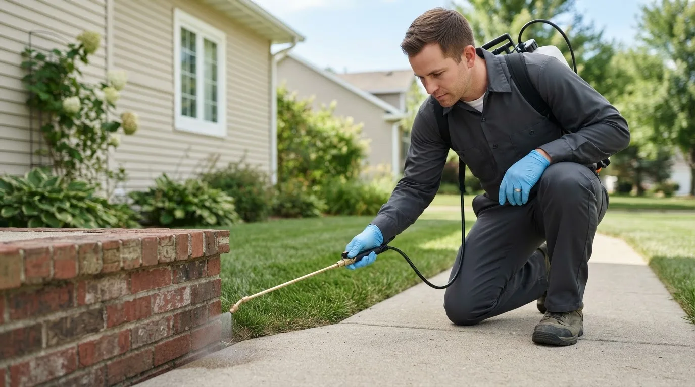 Pest control technician treating a home near Normangee, TX
