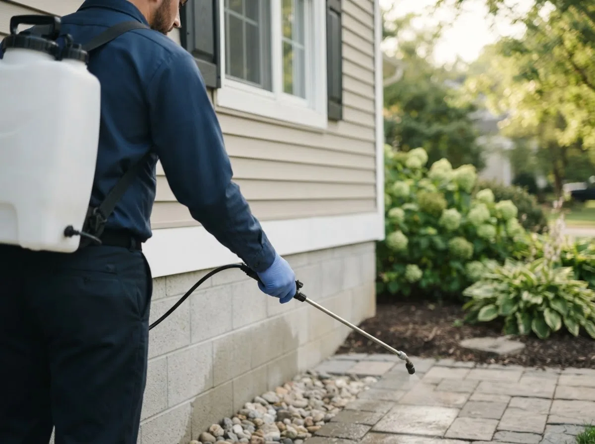 Pest control technician inspecting a home in Normangee, TX